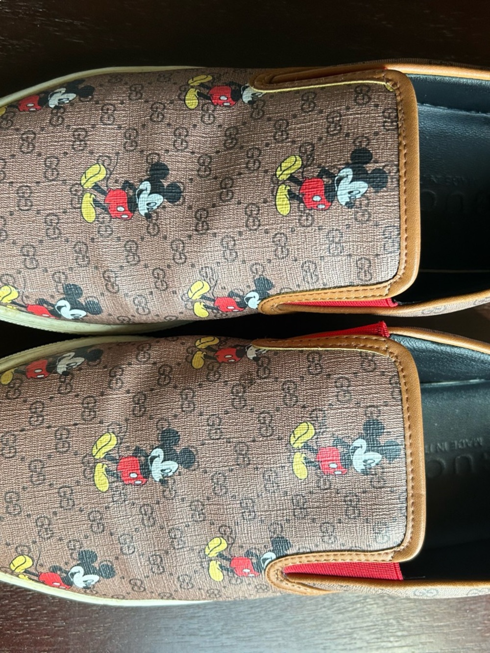 Gucci mens Brown Mickey Mouse Slip-On Sneakers with Red Accents - Picture 2 of 6